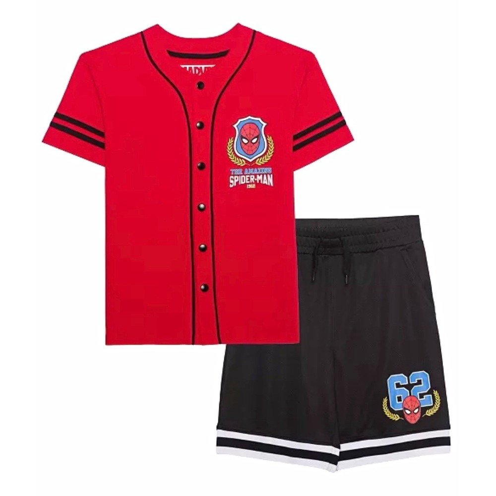 NEW Marvel Spider-Man Boys 2pc Jersey V-Neck Shirt & Shorts Set Red/Black L